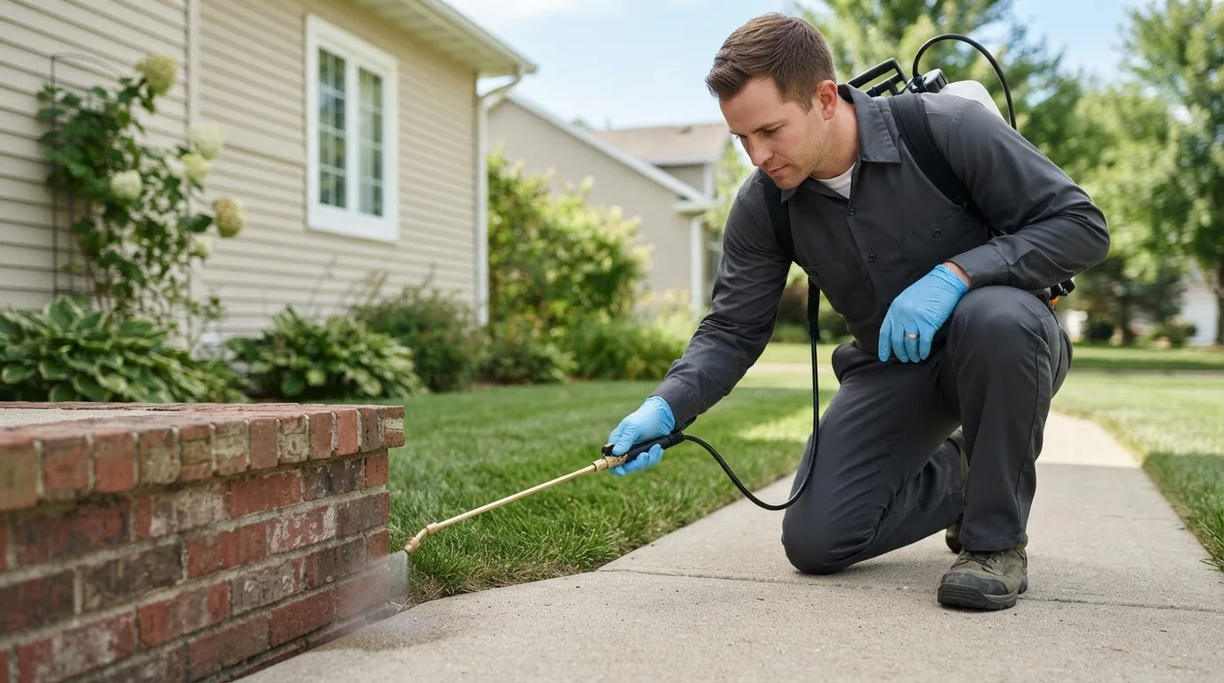 Pest control technician treating a home near Rhodesdale, MD