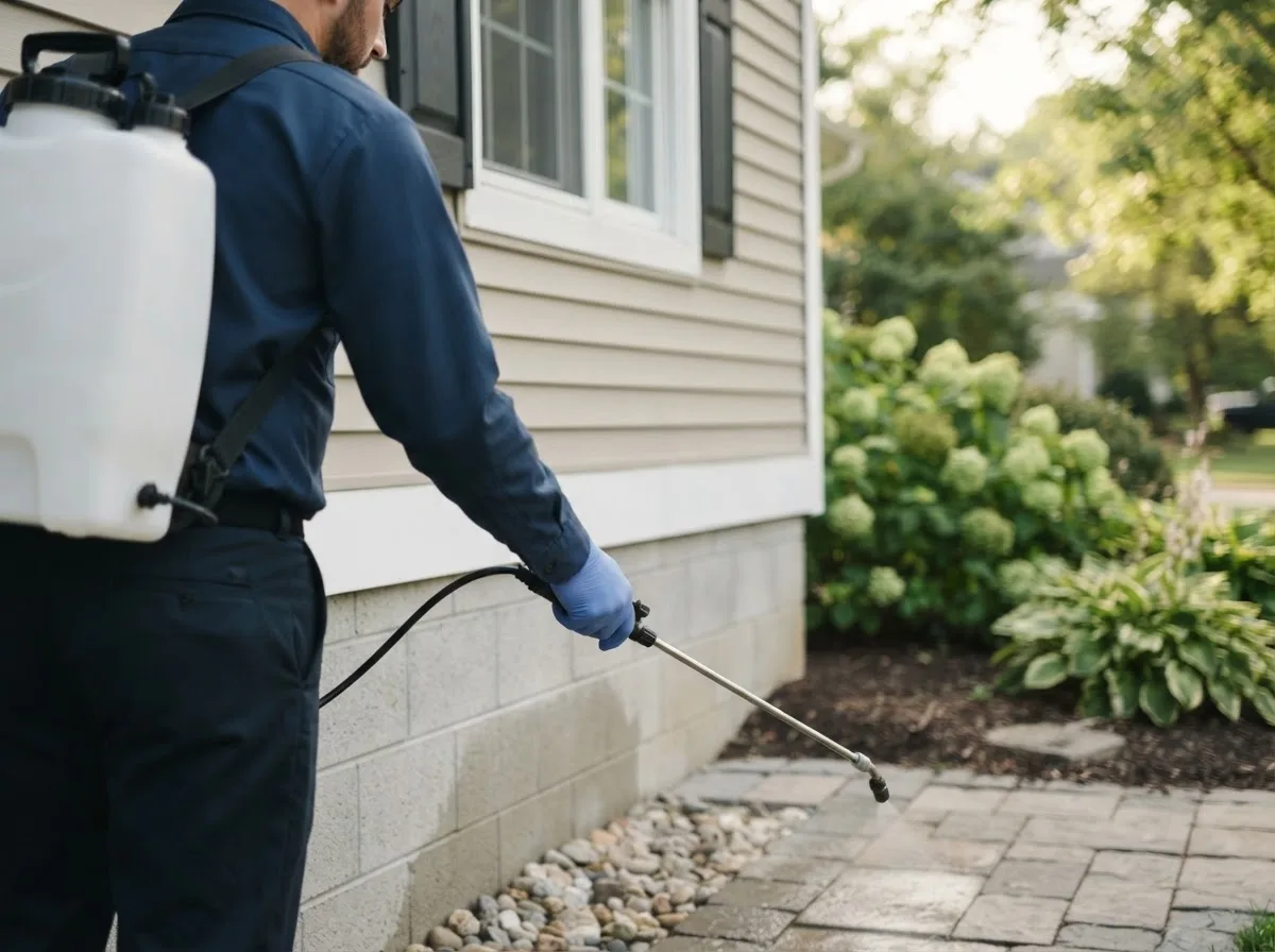 Pest control technician inspecting a home in Rhodesdale, MD